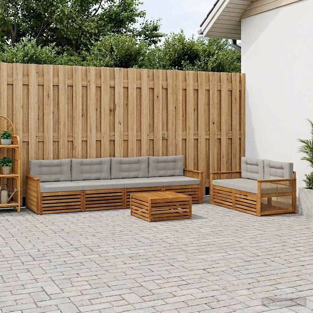Set di divani da esterno vidaXL 7 pz in legno di acacia con tavolo da caffè e cuscini, Naturale e Grigio Chiaro