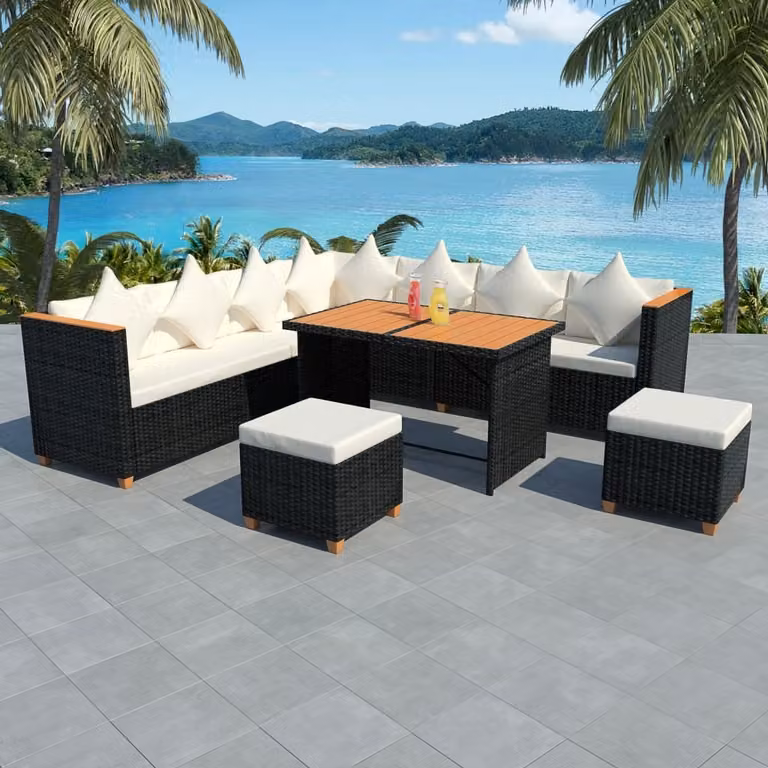 The Living Store Set da giardino 7 pezzi con cuscini in poly rattan nero