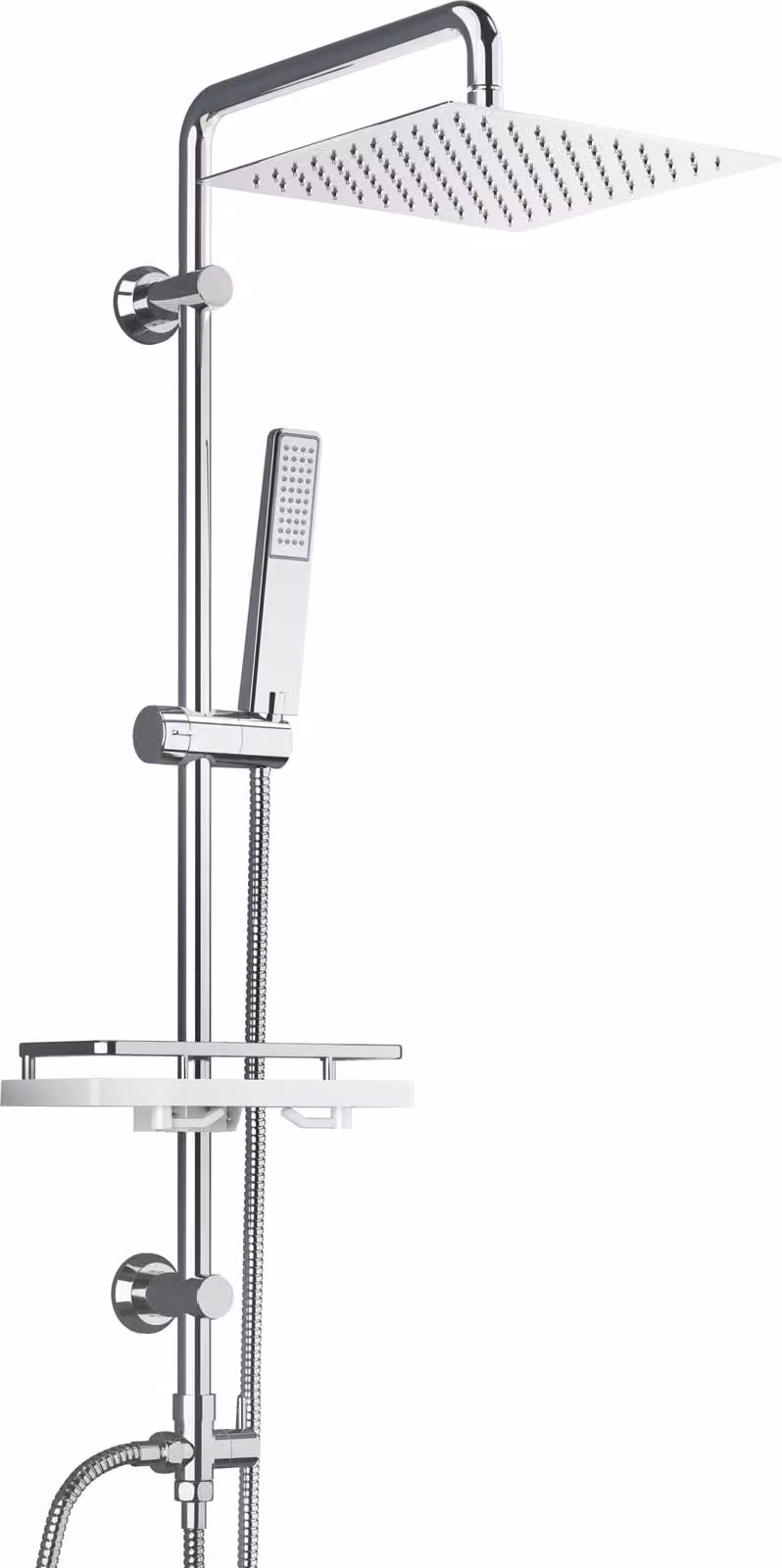 JOHO Colonna Doccia Acciaio Inox Senza Miscelatore Fori Muro Regolabili Asta Doccia Set Pioggia Doccett Soffione Porta Ogetti Mensola 20x20 quadrato