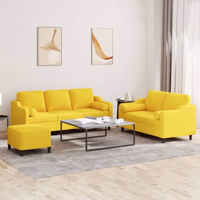 Set di divani vidaXL 3 pezzi con pouf e cuscini in tessuto giallo moderno per soggiorno