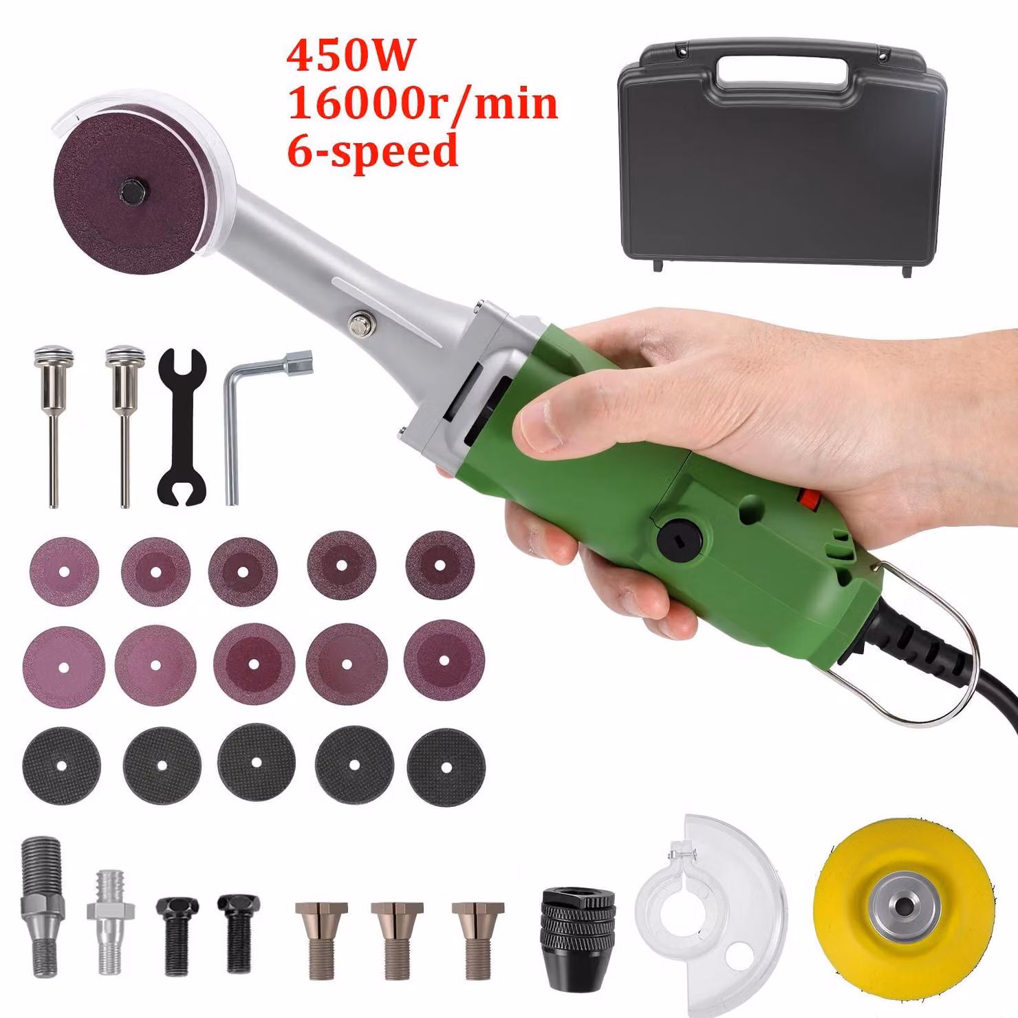 Levigatrice per Vetroceramica e piastrelle a 90° - Levigatrice elettrica a 450W - 6 velocità - Per levigare e lucidare - Con illuminazione - Portatile - Verde