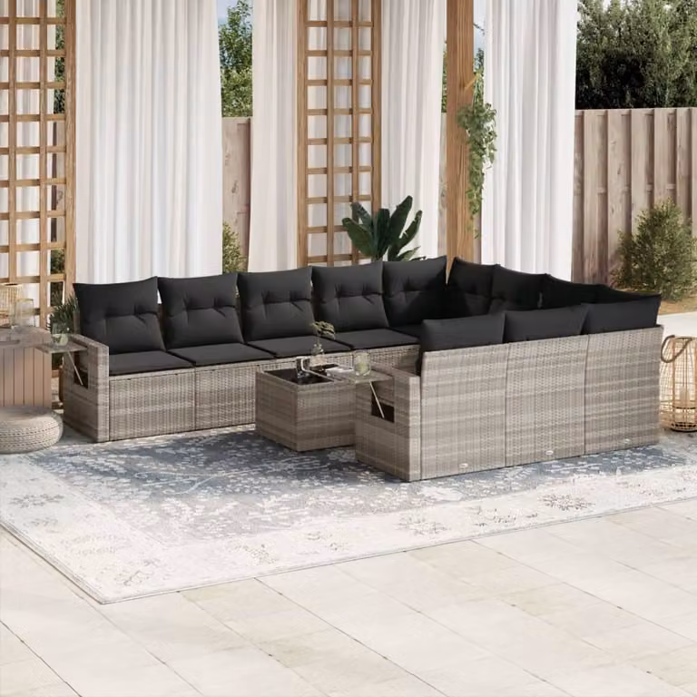 vidaXL Set Divani da Giardino 11 pz in Polyrattan Grigio con Cuscini e Tavolino da Esterno