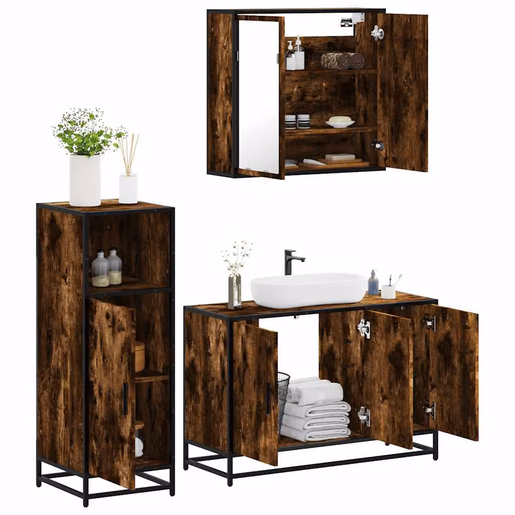 Set di mobili da bagno 3 pezzi vidaXL in stile industriale color rovere fumo con armadietto specchio, mobile lavabo e mobile laterale in legno e metallo