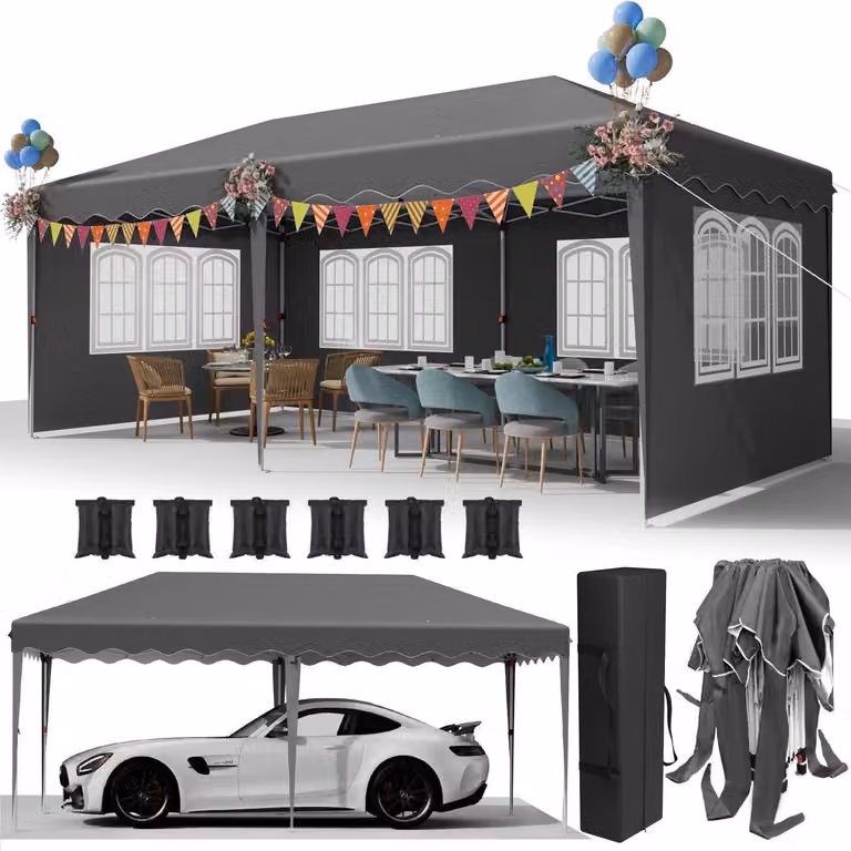 Gazebo da esterno 3x6 metri, grigio, impermeabile, con protezione UV 50+, dotato di pannelli laterali, altezza regolabile, realizzato in tessuto Oxford 420D