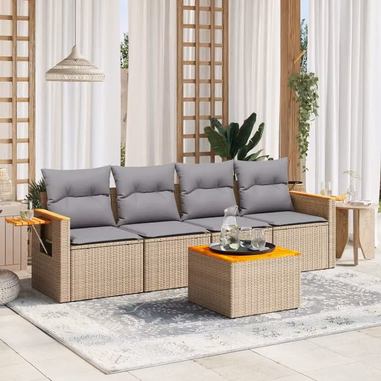 vidaXL Set Divano da Giardino 5 pz in Polyrattan con Cuscini Beige e Grigio
