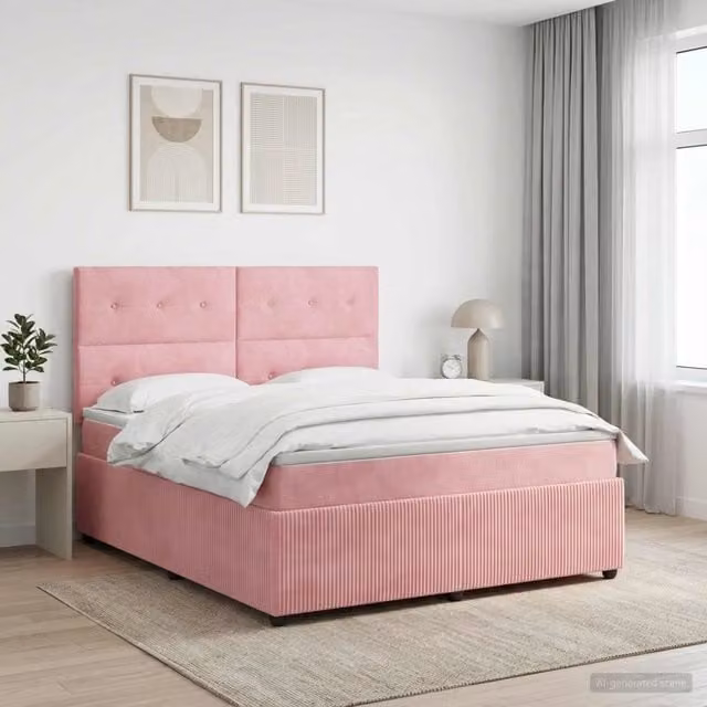 Letto Box Spring vidaXL in Velluto Rosa con Materasso Ibrido e Illuminazione LED L/P: 200 x 200 cm