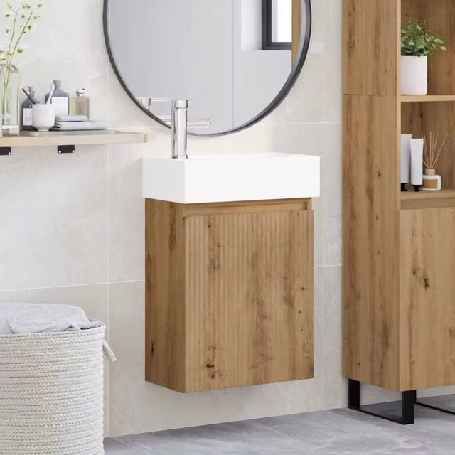 Mobile bagno sospeso vidaXL in legno rovere e ceramica bianca e marrone con ante a battente e design minimalista
