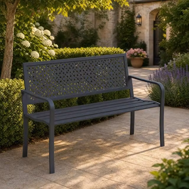 Panchina a 2 posti REDOM in acciaio con braccioli, colore grigio, L: 126 cm, P: 61 cm, H: 85 cm