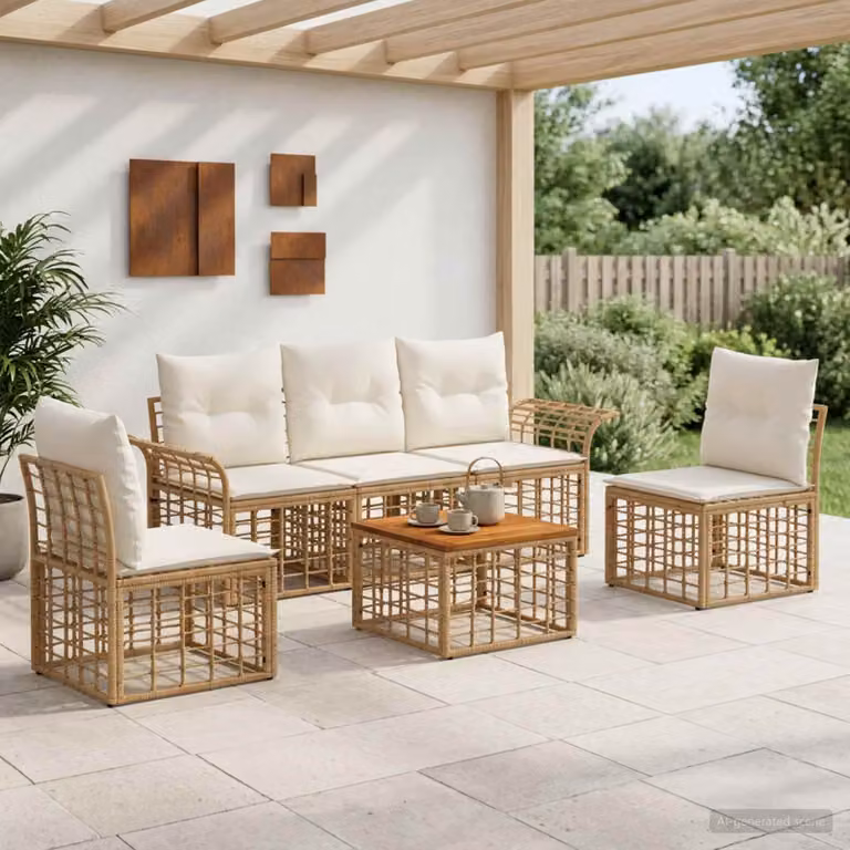 Set di divani da esterno vidaXL 6 pezzi con tavolo da caffè, design moderno a L in stile rattan, colore beige e bianco crema