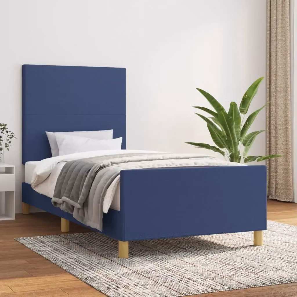 Letto singolo per adulti in tessuto blu con struttura in legno di larice L/P/H: 100 x 200 x 128 cm – 2