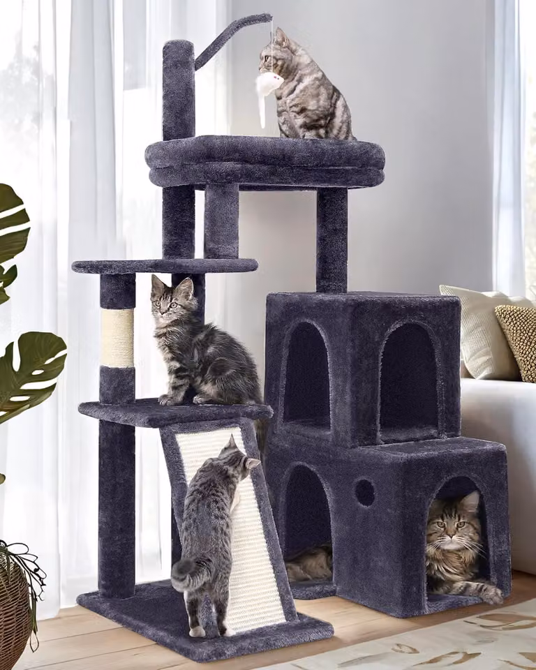 Albero per gatti con 2 grandi casette girevoli, dimensioni 50x33x30 cm, pali in sisal per graffiare e piattaforme imbottite