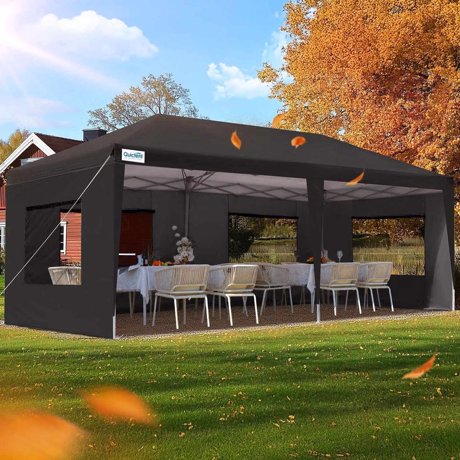 Gazebo da esterno 3x6 metri, impermeabile, con pareti laterali, protezione UV 50+, protezione anti-insetti, struttura in acciaio, colore nero