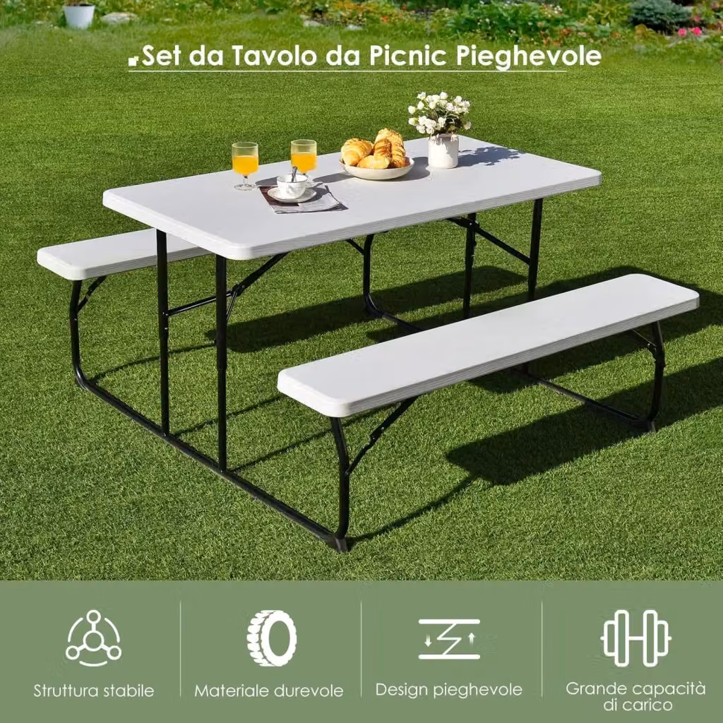 Set da campeggio pieghevole Costway con tavolo e 2 panche per 4-6 persone, colore bianco, L: 136 cm, P: 151 cm, H: 73 cm – 2