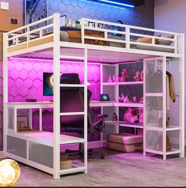 Letto a soppalco in metallo e MDF 140x200 cm con scrivania; armadio aperto; LED e USB; bianco