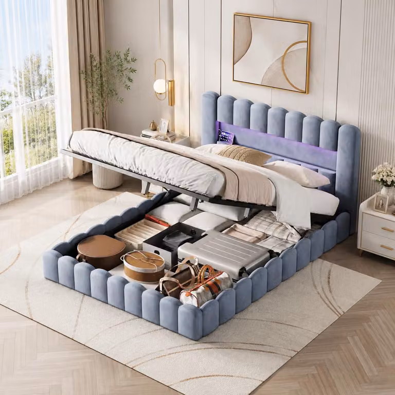 Letto imbottito INONEFT modello Bubble, dimensioni 180x200 cm, con spazio contenitore ad apertura idraulica, letto matrimoniale con illuminazione LED e prese USB, senza materasso, rivestito in velluto, colore grigio