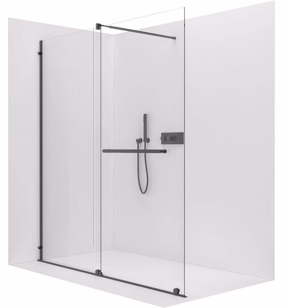 Pannello doccia angolare Walk-in Medin L/P - 8 mm - nero opaco, vetro trasparente - 160x195 cm - a due ante scorrevoli