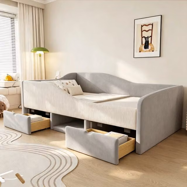 Letto imbottito per bambini WISHDOR in tessuto grigio con cassetti, dimensioni 90 x 190 cm