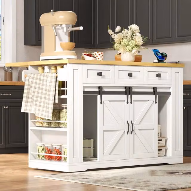 Desviae Carrello da cucina con piano pieghevole, prese integrate USB, 3 cassetti e ruote bloccabili in MDF bianco e naturale