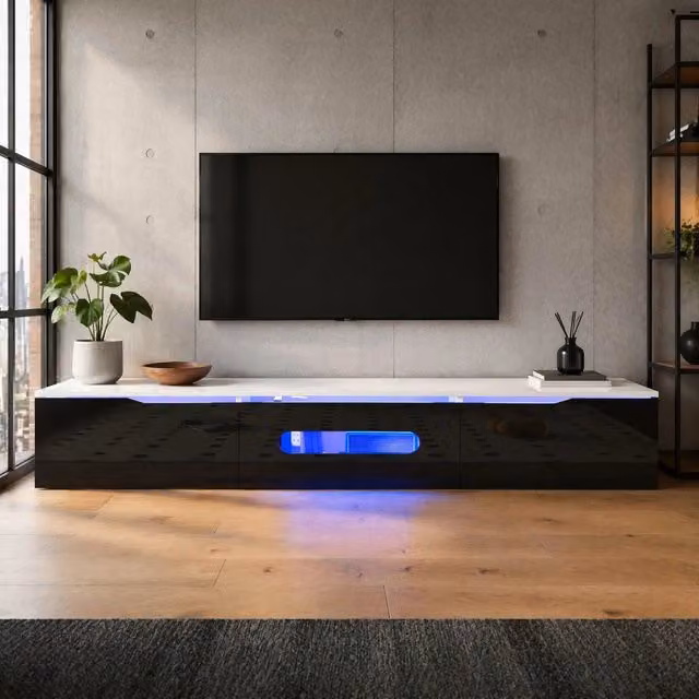 Mobile TV moderno MODFU con illuminazione LED integrata, nero e bianco, L 180 cm x P 35 cm x H 30 cm – 1