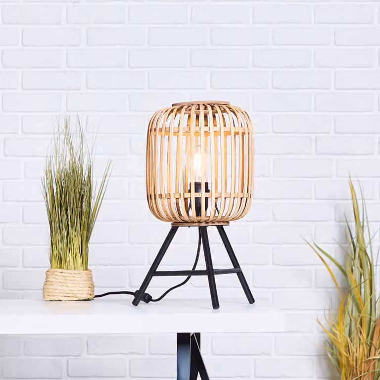 BRILLIANT WOODROW Lampada da tavolo dall'aspetto naturale | Lampada laterale con paralume in rattan e treppiede nero | Marrone chiaro | 1x E27 max. 60 watt | 93775/20