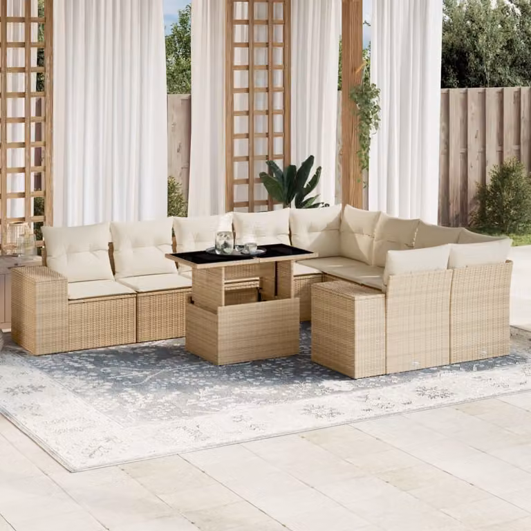 vidaXL Set Divano da Giardino 10 pz a Forma a L con Cuscini Beige e Tavolino in Polyrattan e Acciaio