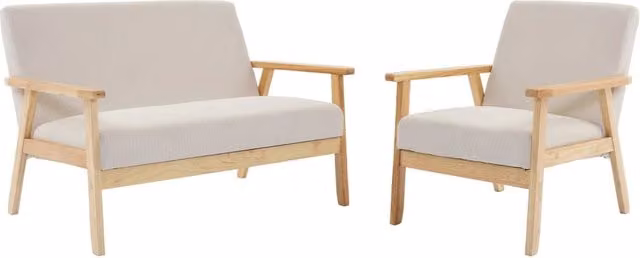 Set panca e poltrona in velluto a coste, 3 posti, crema