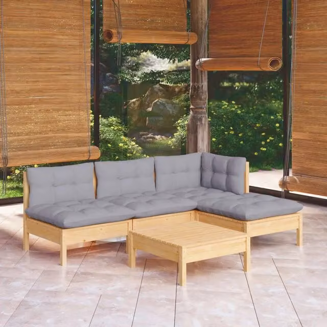 Set Divani da Giardino 5 pz con Cuscini Grigi Massello di Pino 3096303