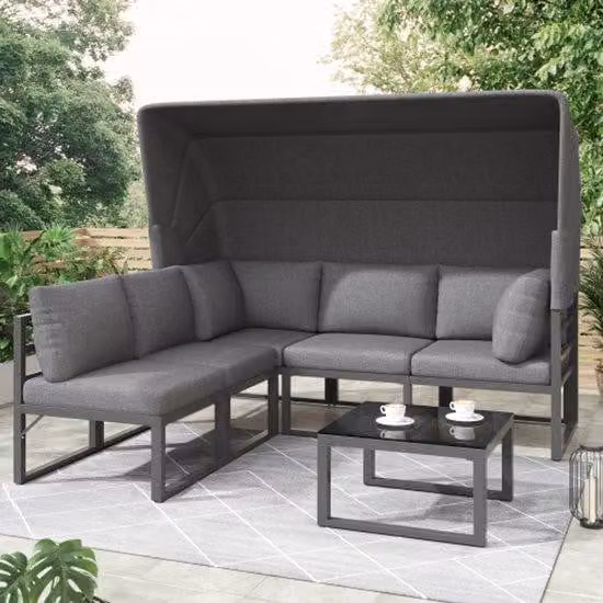 Set da salotto per giardino con ombrellone, ideale per balconi e terrazzi, composto da 4 pezzi, resistente agli agenti atmosferici, colore grigio, completo di cuscini