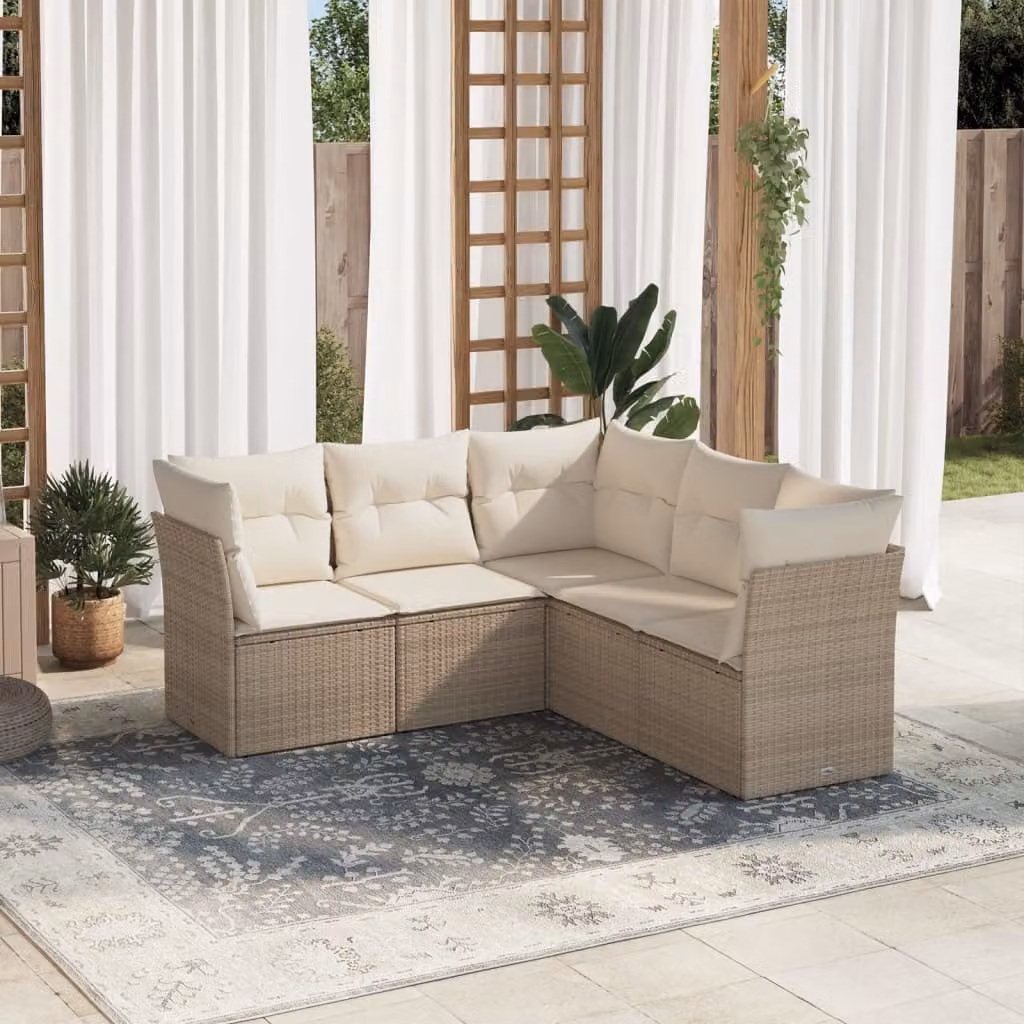 vidaXL Set Divano da Giardino a L da 5 pz in Polyrattan con Cuscini Beige e Struttura in Metallo – 1