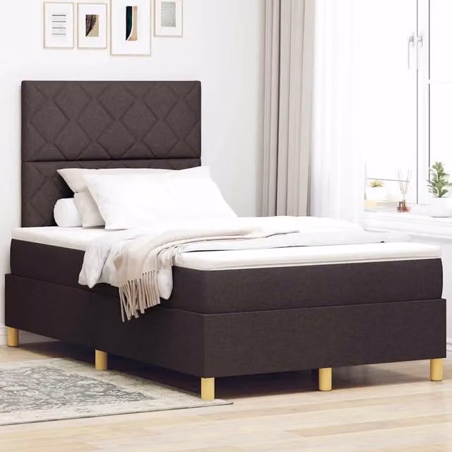 Letto a molle con testiera vidaXL in tessuto marrone con struttura in legno e MDF L/P/H: 200 x 120 x 128 cm