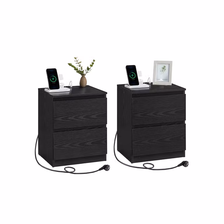 Comodino a due cassetti con multipresa e porte USB-A e USB-C, Nero Ebano / 2