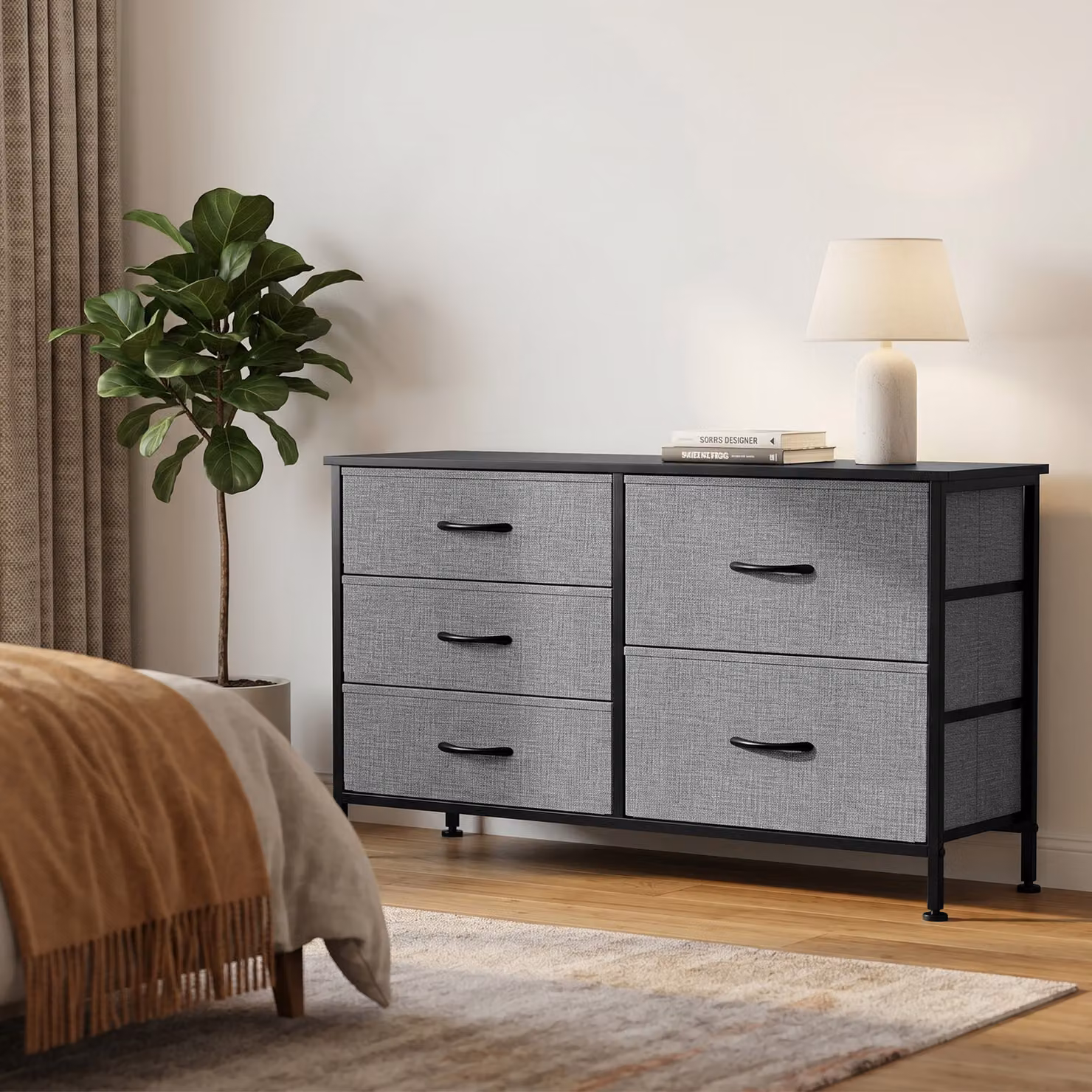 Cassettiera HOMCOM con 5 cassetti in tessuto e telaio in acciaio, Grigio Scuro e Nero, L: 100 cm, P: 30 cm, H: 53 cm – 2