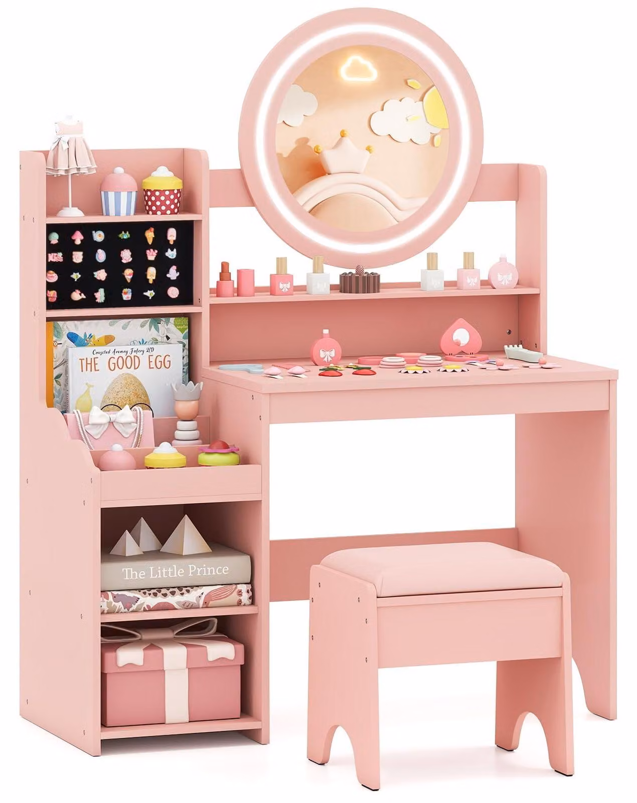 Set da trucco per bambini FANTASK, tavolino da trucco in legno con specchio, ripiani e superficie imbottita