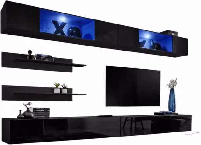 Set di mobili sospesi con LED nel colore nero. Collezione FLY