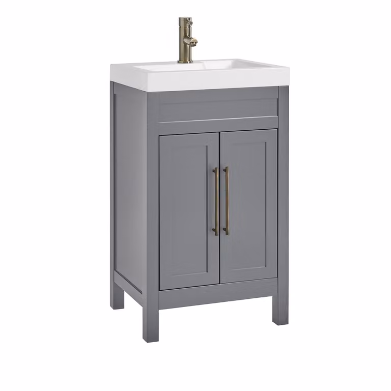Mobile Bagno Grigio Chiaro da 500mm con Lavabo e Maniglia Classica con Barra a T in Ottone Spazzolato - Warwick