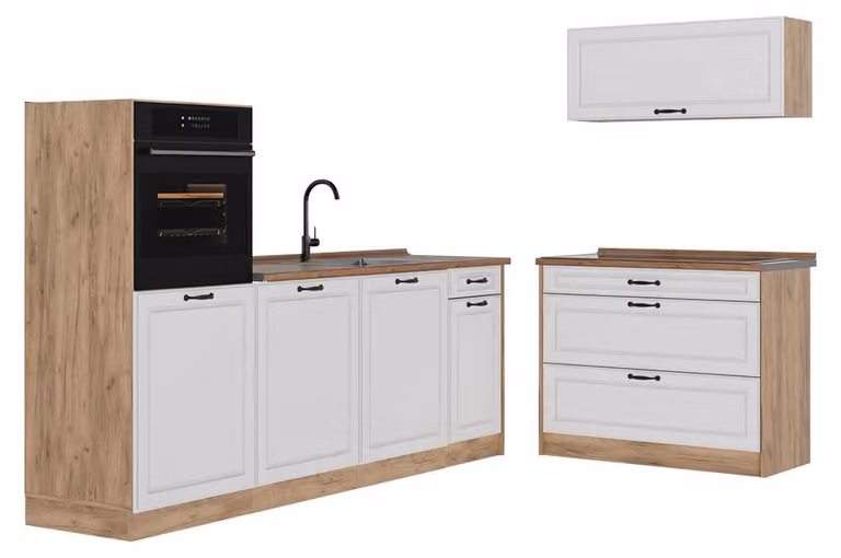 Cucina componibile Vicco R-Line Bianco country/Rovere dorato 220 cm piano di lavoro Rovere dorato, Model 68131
