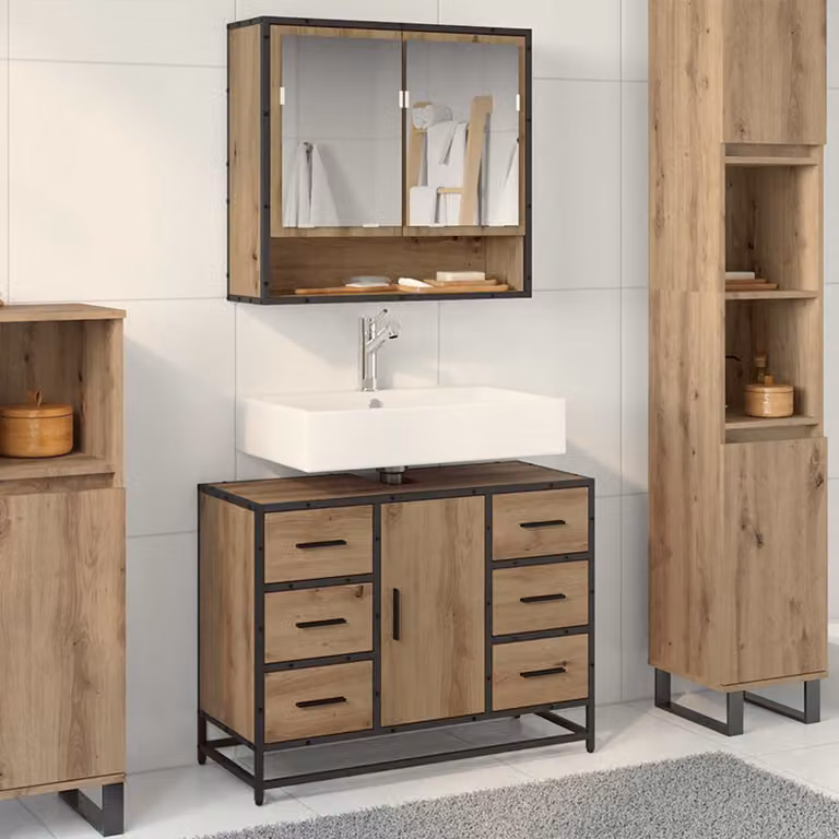 Mobile da bagno moderno vidaXL in legno e metallo marrone con ante in vetro, L: 80 cm, P: 33 cm, H: 60 cm