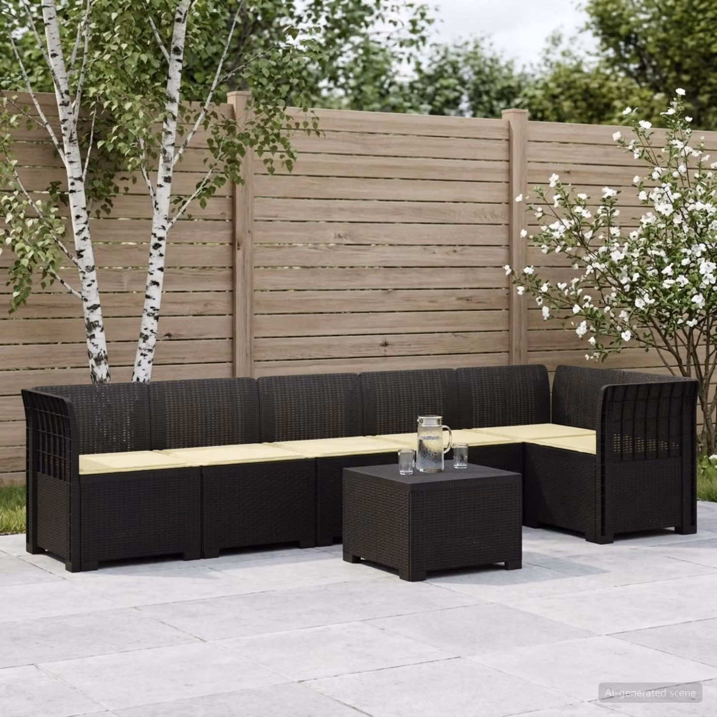 Set da giardino moderno vidaXL a forma di L con 6 posti, tavolo da caffè e cuscini imbottiti resistenti alle intemperie in aspetto rattan