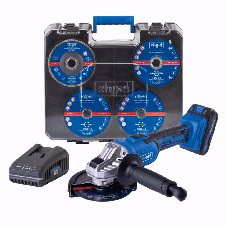 Smerigliatrice angolare a batteria Scheppach C-ATB15/1-X - 20 V | Diametro 125 mm | 2500-10000 min-1 | Valigetta e set di accessori da 15 pezzi | incl. batteria da 2 Ah + caricabatteria da 2,4 A