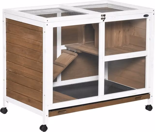 Conigliera per piccoli animali con ruote 91.5 x 53.3 x 73 cm a doppio livello tetto apribile finitura rustica opaca in legno marrone 21_0007889
