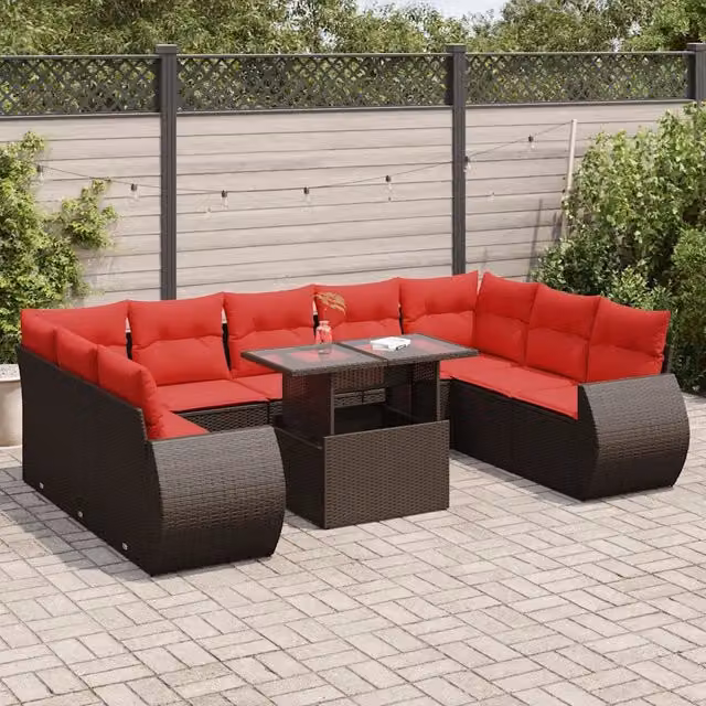 Set Divani Giardino 10 pz con Cuscini Polyrattan Marrone Acacia 3326705