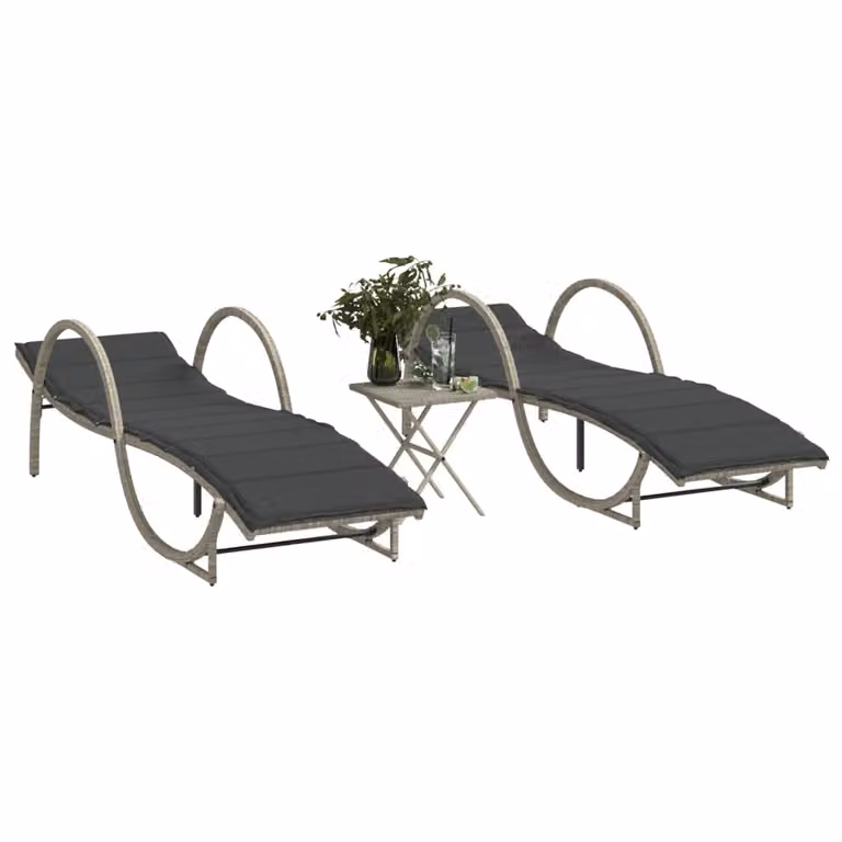 Set di 2 lettini prendisole con tavolino vidaXL in polyrattan grigio chiaro con poggiatesta regolabile e vassoio laterale