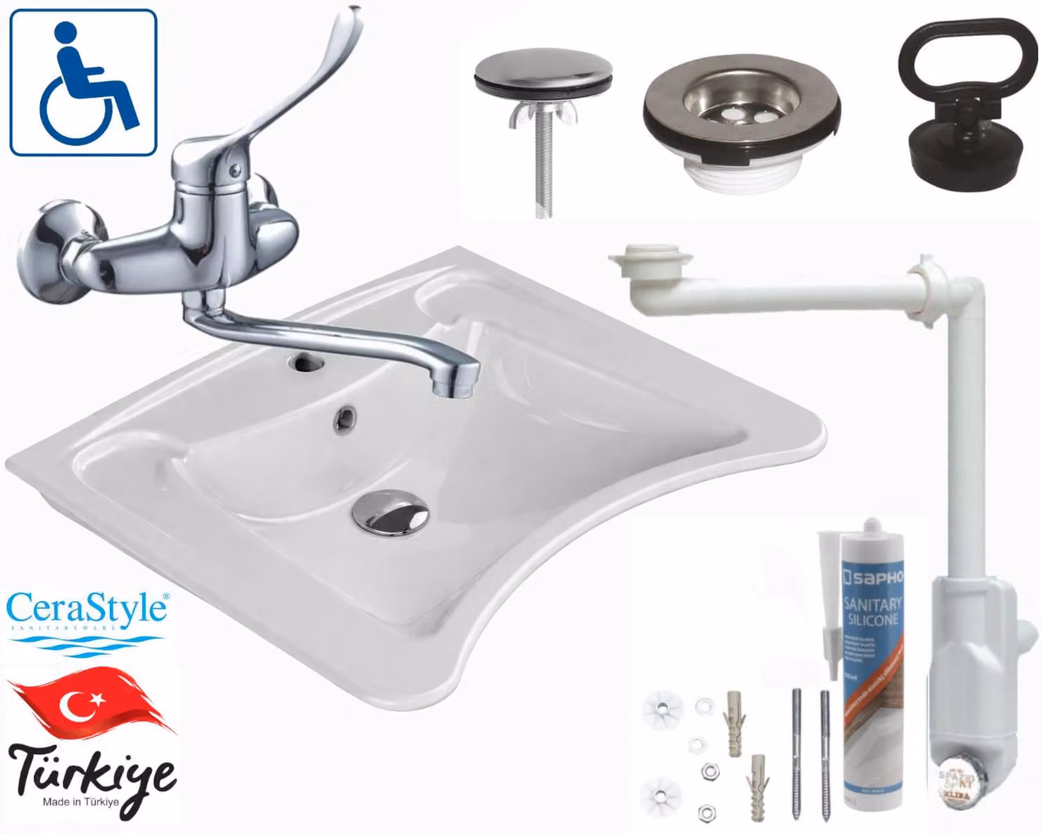 Domotechnika | Lavabo per persone con disabilità - 63 x 50 x 20,5 cm - Bianco - Cerastyle - Include miscelatore da parete