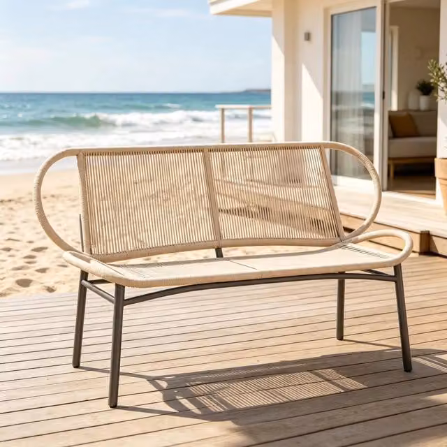 Panca da giardino moderna REDOM in rattan e metallo, colori nero e beige, L: 138 cm, P: 62 cm, H: 83 cm – 1