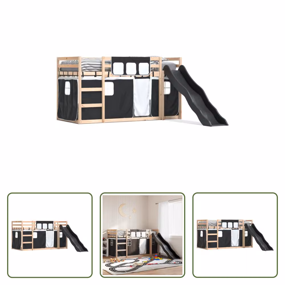 The Living Store Letto a castello con scivolo e tende bianco e nero 80x200 cm