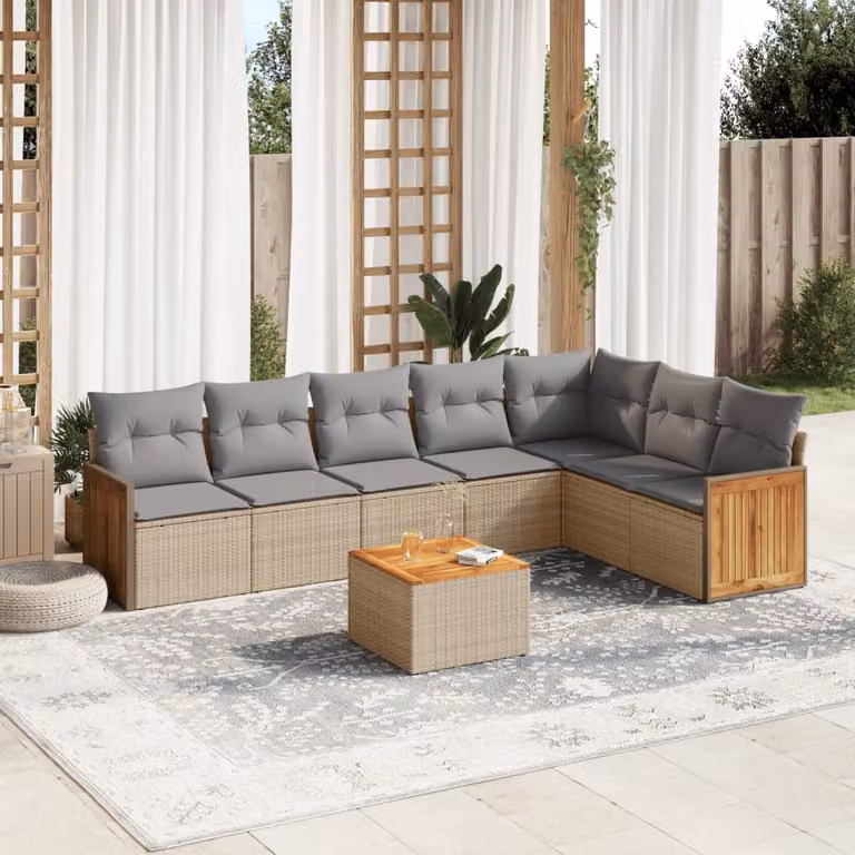 vidaXL Set Divano da Giardino a L 8 pz in Polyrattan con Cuscini Beige e Tavolino da Esterno