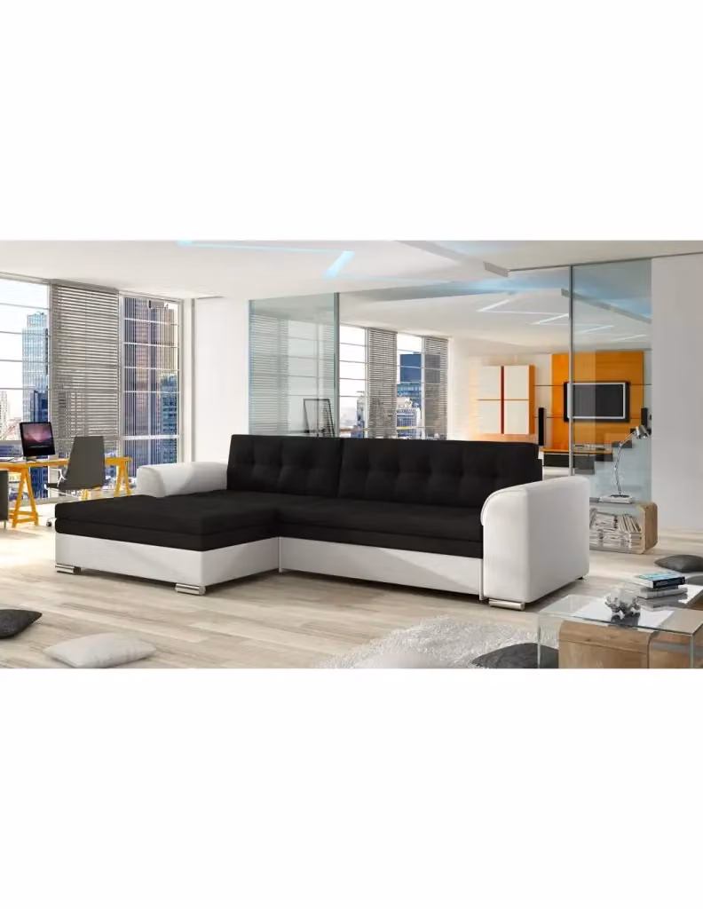 Divano angolare convertibile MEUBLORAMA con funzione letto, modello L con angolo a sinistra, rivestimento in tessuto nero e bianco, L/P/H: 274 x 165 x 78 cm – 2