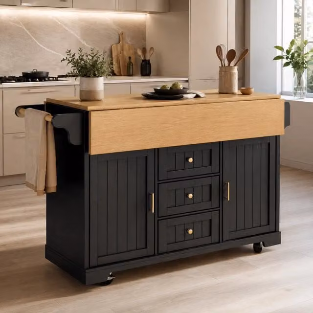 Isola da cucina ULEVR 120x40/80x95 cm con piano pieghevole, 3 cassetti, 2 ante e ruote, nero