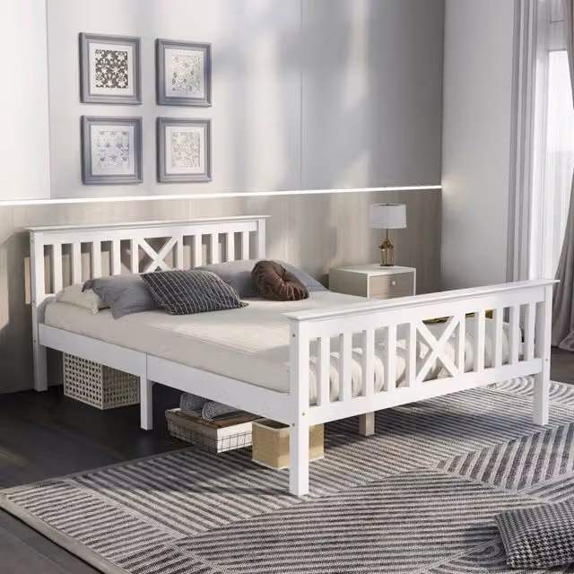 Letto matrimoniale 140x200 cm bianco in legno con testiera a X e rete a doghe inclusa, senza materasso