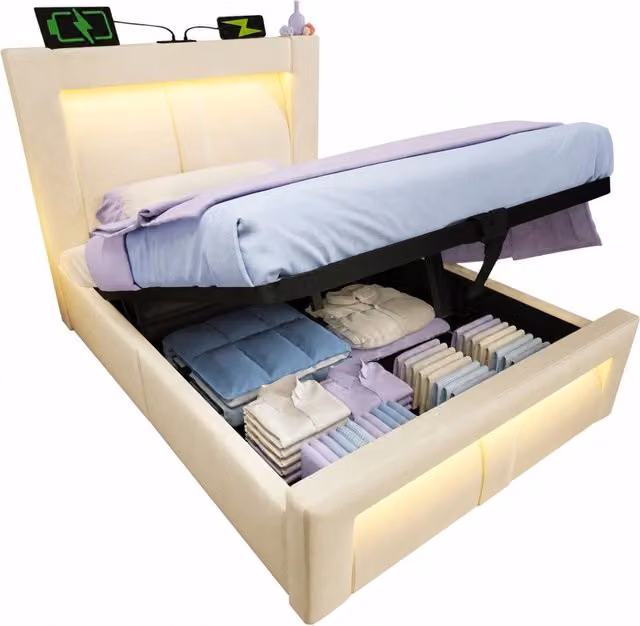 Letto singolo 90x200 con contenitore， LED， prese USB e Type-C， velluto beige， testiera curva， senza materasso